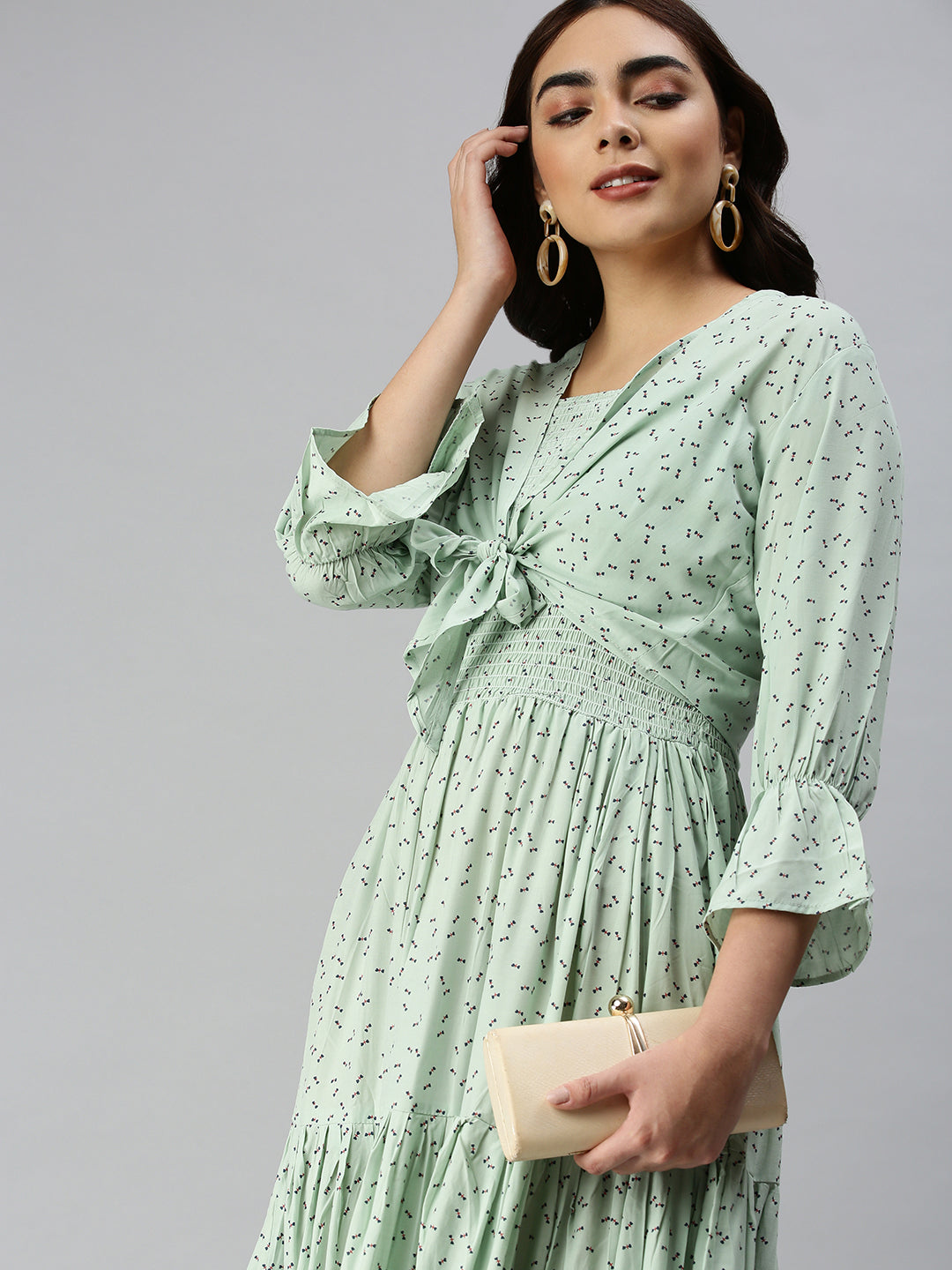 Women's Green Floral Crepe Dress