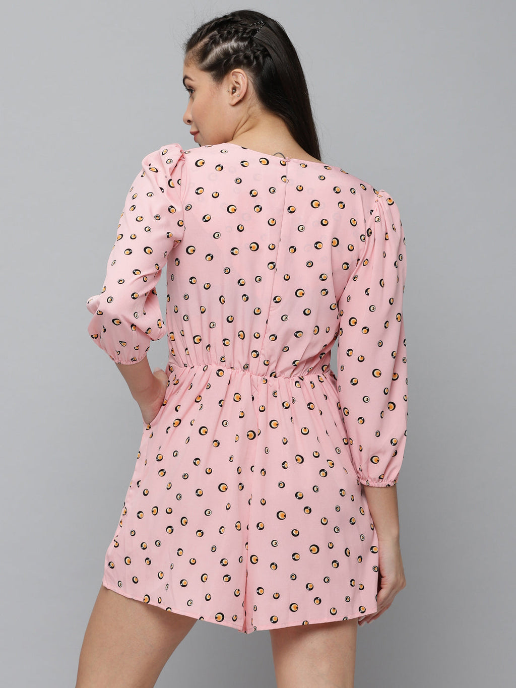 Women's Pink Printed V-Neck Three-Quarter Sleeves Jumpsuit