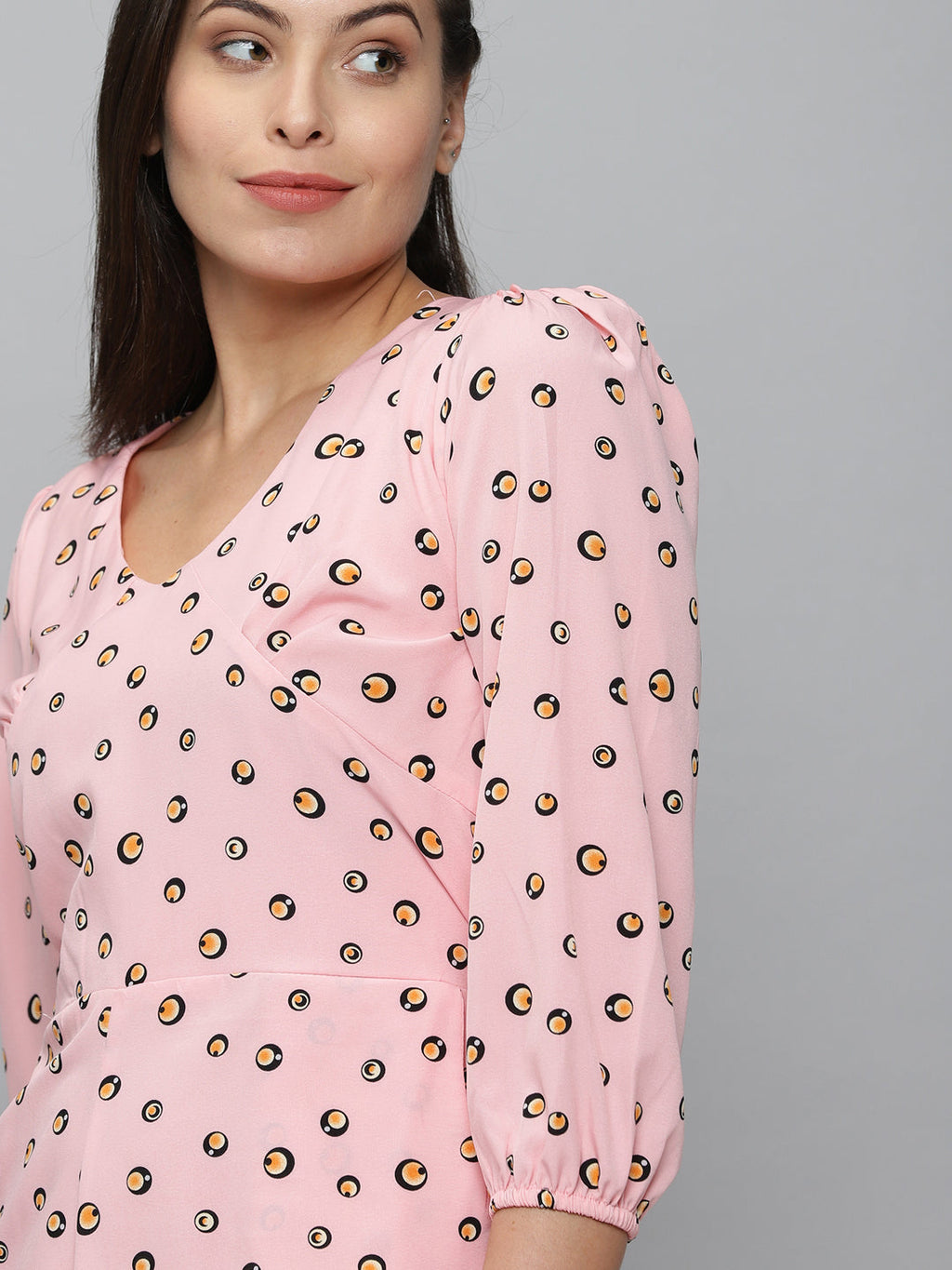 Women's Pink Printed V-Neck Three-Quarter Sleeves Jumpsuit