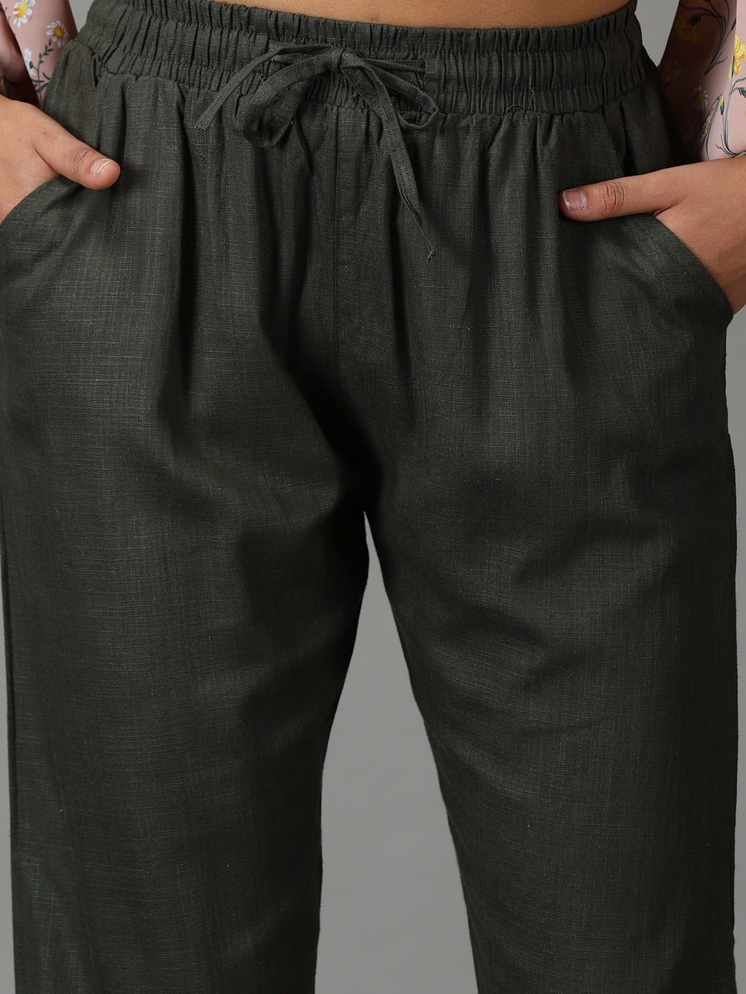 Women's Olive Pure Cotton Regular Fit Mid-Rise Trousers