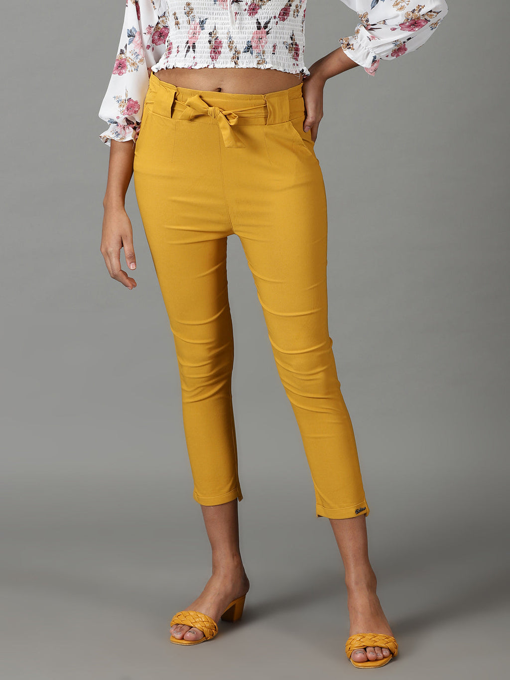 Women's Mustard Relaxed Slim Fit High-Rise Trousers