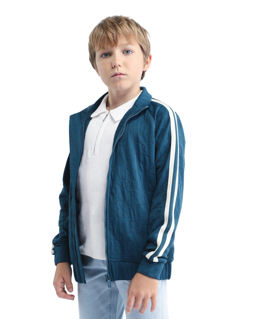 Rare Ones Kids Amni Teal Polyester Blend Zipper Closure High Neck Jacquard Full Sleeves Regular Fit Jacket