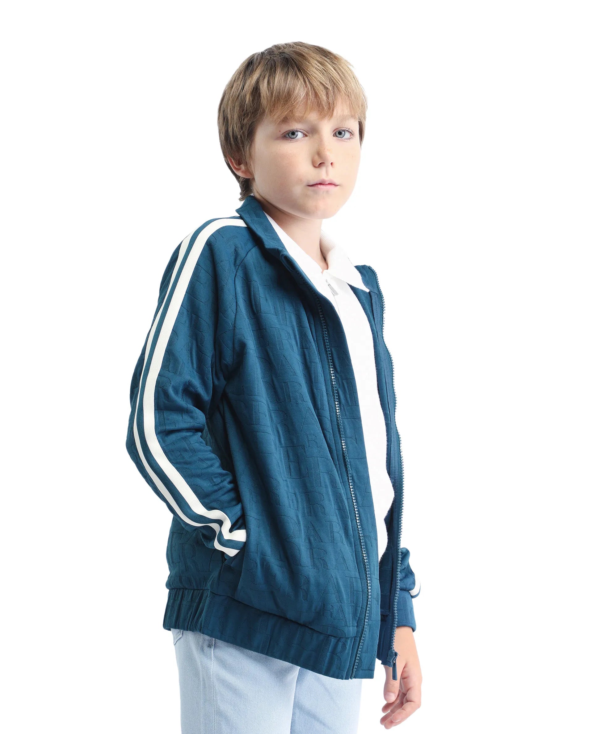 Rare Ones Kids Amni Teal Polyester Blend Zipper Closure High Neck Jacquard Full Sleeves Regular Fit Jacket