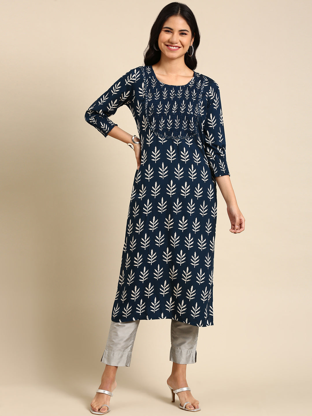 Women's Teal Tribal Printed Straight Kurta