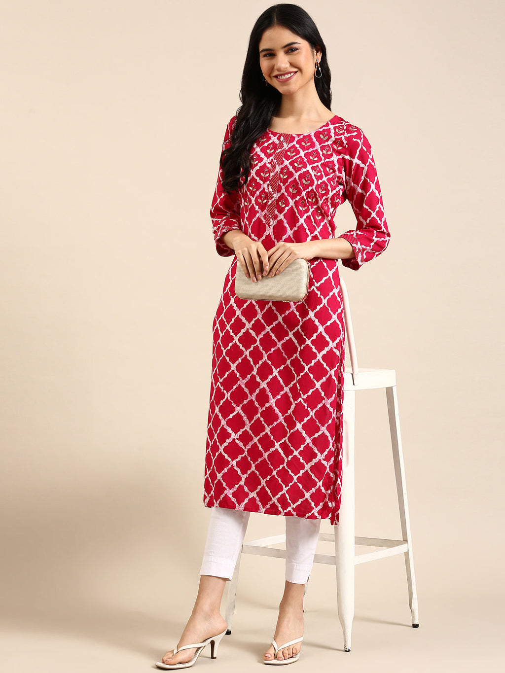 Women's Magenta Geometric Printed Straight Cut Kurta