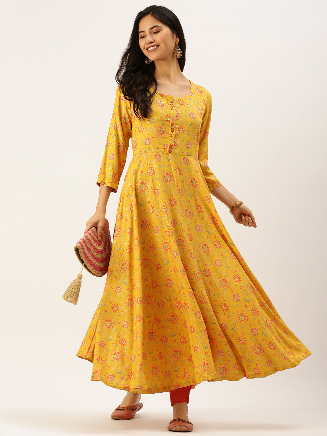 Women's Yellow Floral Thread Work Anarkali Kurta