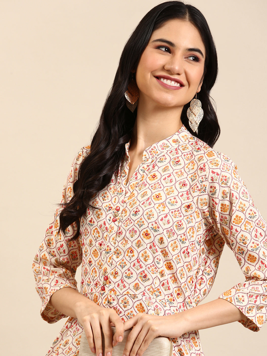 Women's Cream Floral Printed Mirror Work Cotton Anarkali Kurta