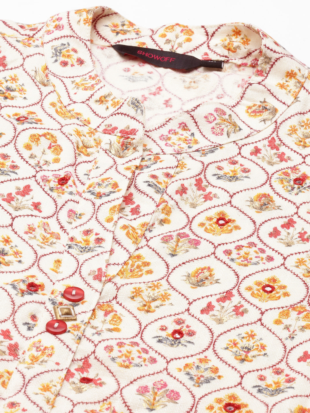 Women's Cream Floral Printed Mirror Work Cotton Anarkali Kurta