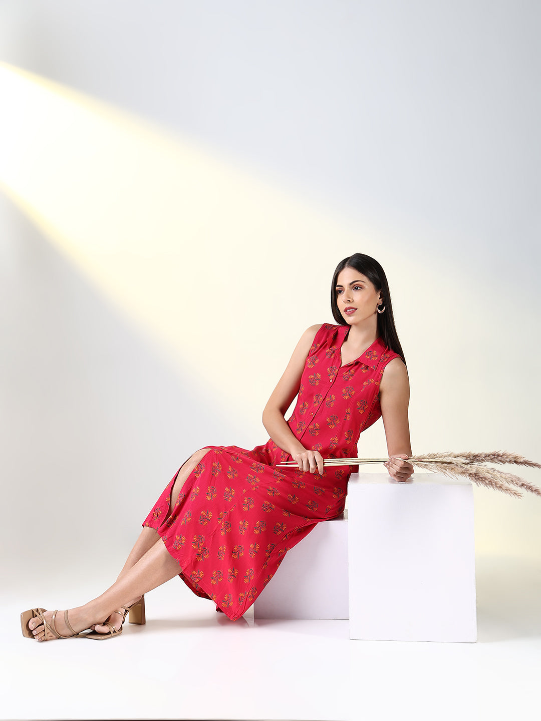 Women's Pink Floral Printed A-Line Midi Dress