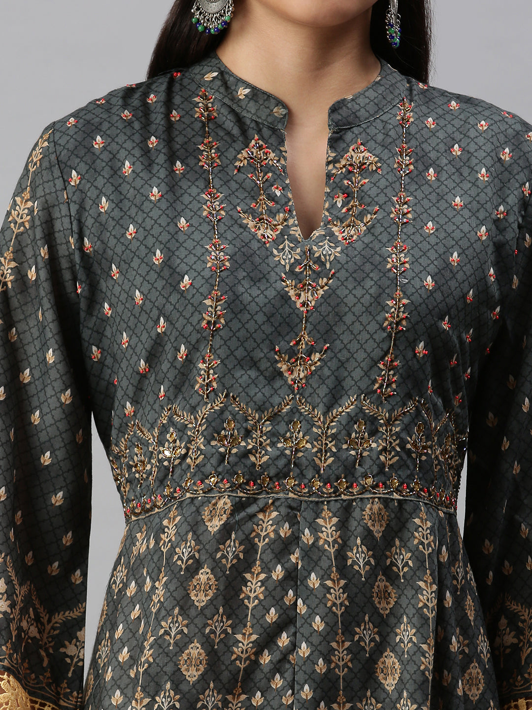 Women's Green Ethnic Motifs Printed Anarkali Kurta