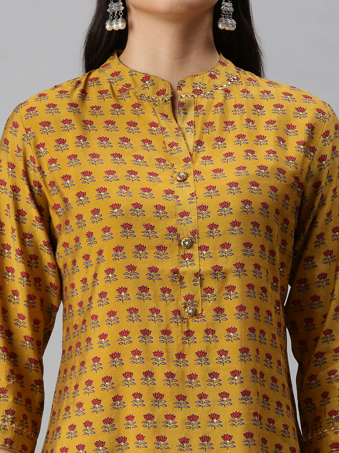 Women's Mustard Floral Printed Flared Sleeves Straight Kurta