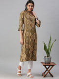 Women's Olive Geometric Printed Keyhole Neck Straight Kurta