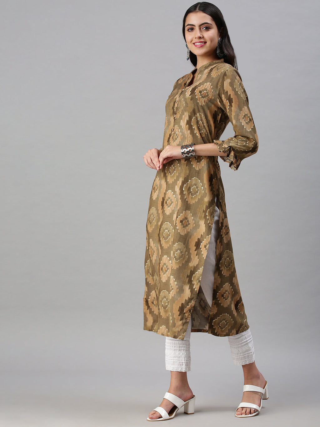 Women's Olive Geometric Printed Keyhole Neck Straight Kurta