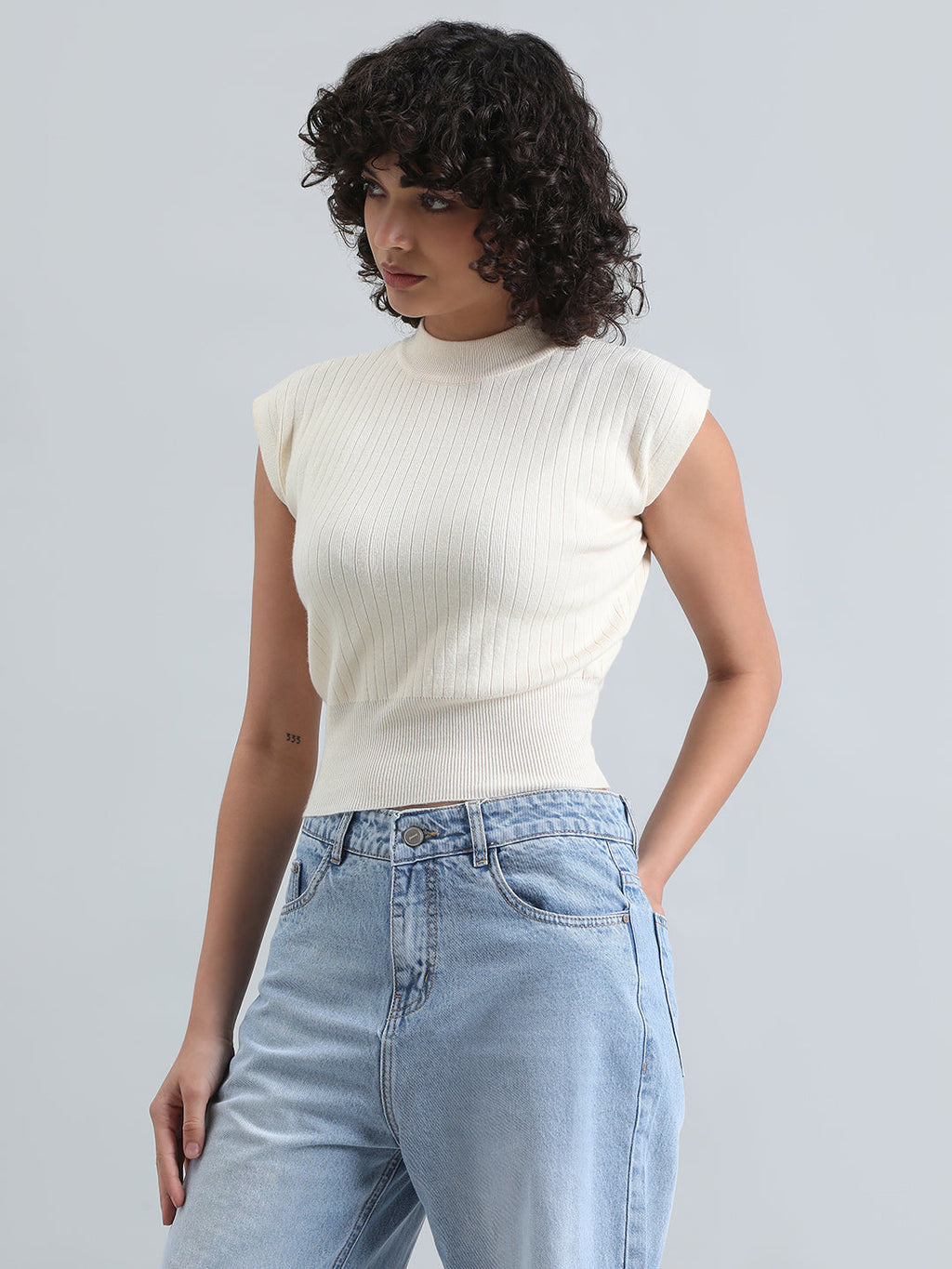 Women's Cream Ribbed Mock Neck Sleeveless Top