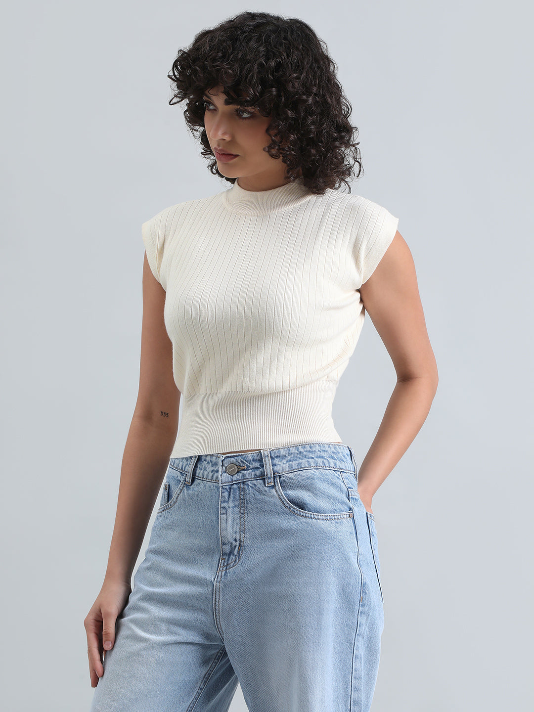 Women's Cream Ribbed Mock Neck Sleeveless Top