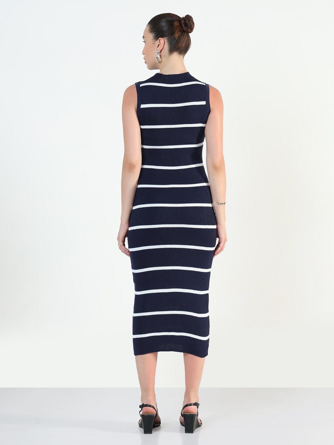 Women's Ribbed Striped Navy Blue Midi Bodycon Dresses