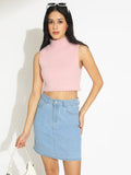 Women's Ribbed Light Pink High Neck Sleeveless Knitted Crop Tank Top