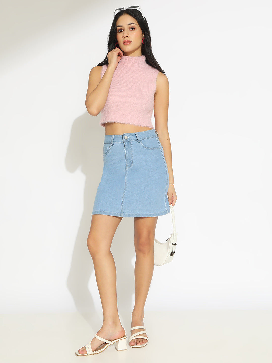 Women's Ribbed Light Pink High Neck Sleeveless Knitted Crop Tank Top