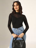 Women's Black Sheer Panel High Neck Mesh Top