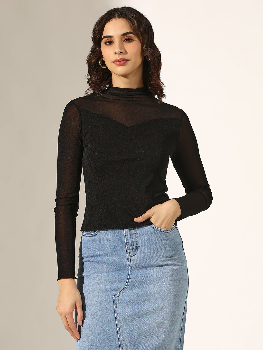 Women's Black Sheer Panel High Neck Mesh Top