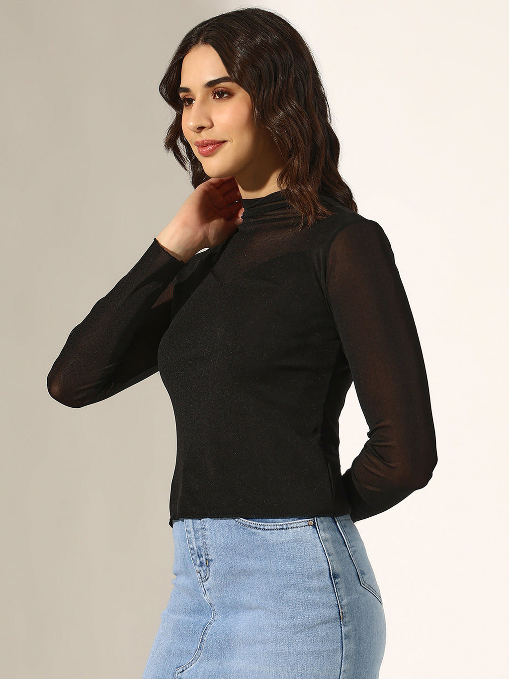 Women's Black Sheer Panel High Neck Mesh Top