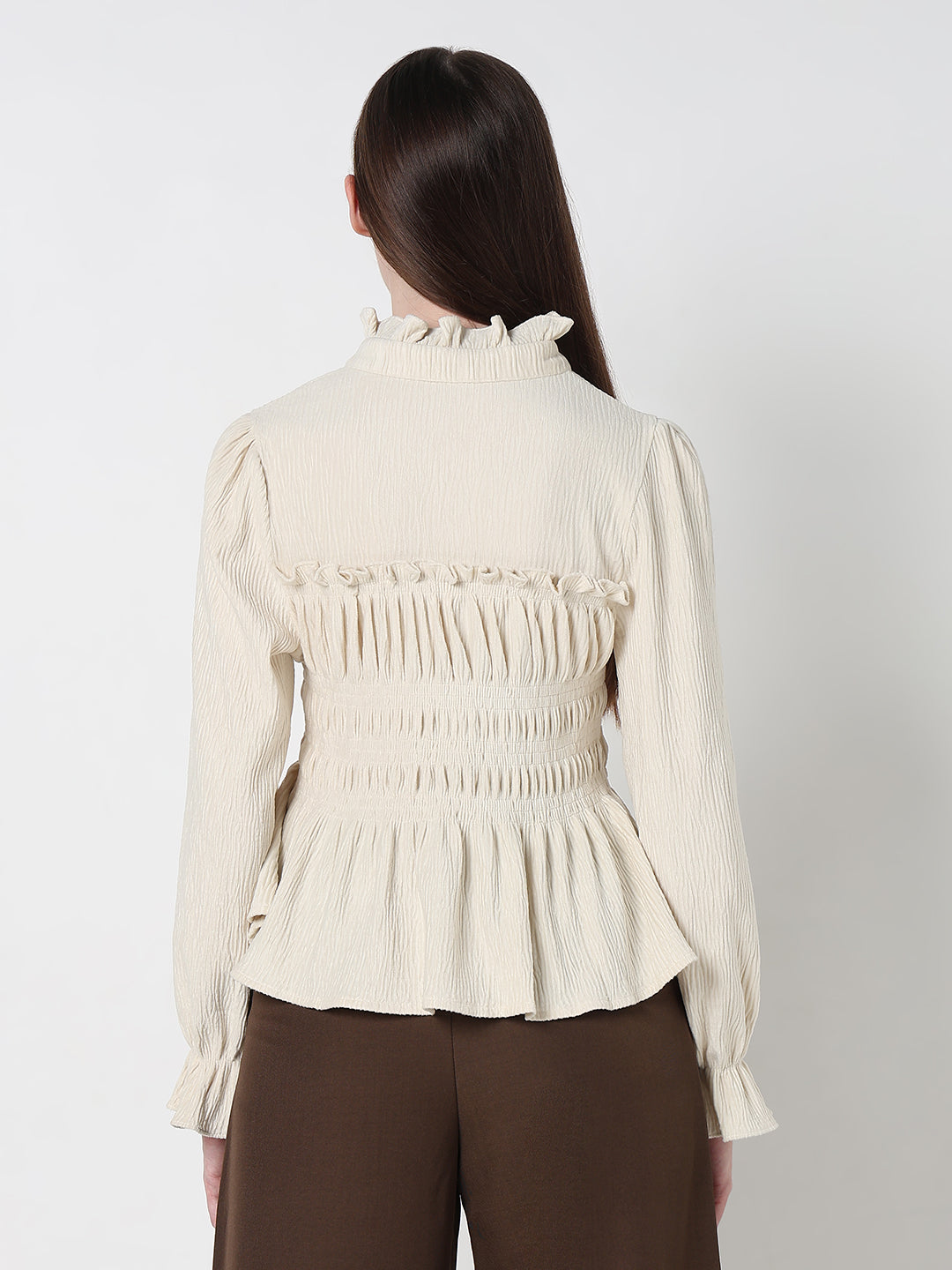 Women's Cream Ruffle Neck Peplum Top