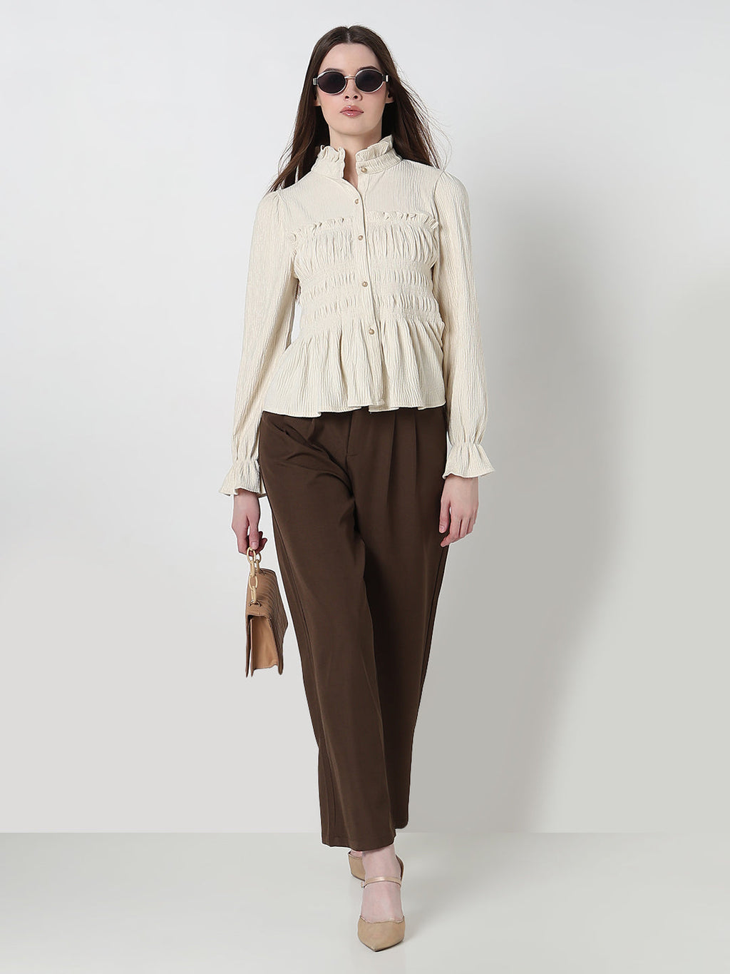 Women's Cream Ruffle Neck Peplum Top