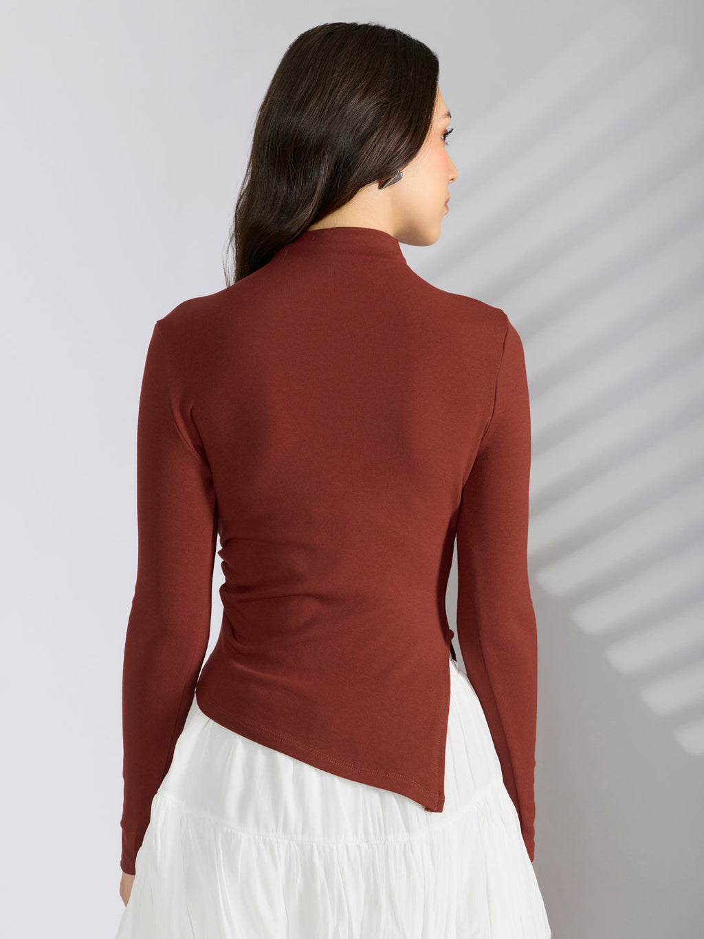 Women's Brown Asymmetric Hem Top with Neck Chain