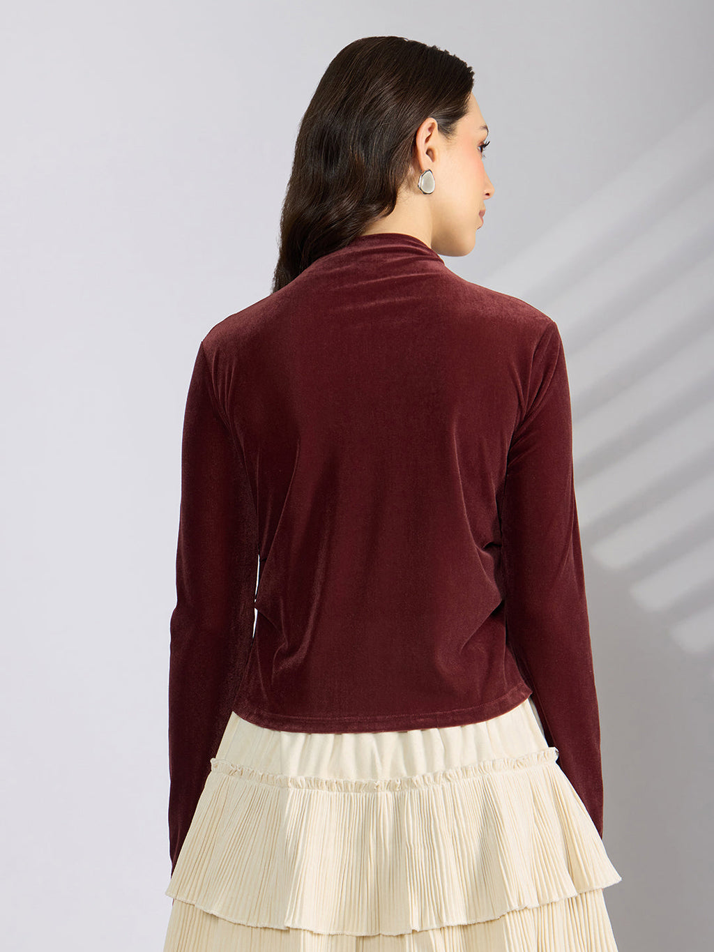 Women's Burgundy Velvet Fitted Ruched Top with Chain