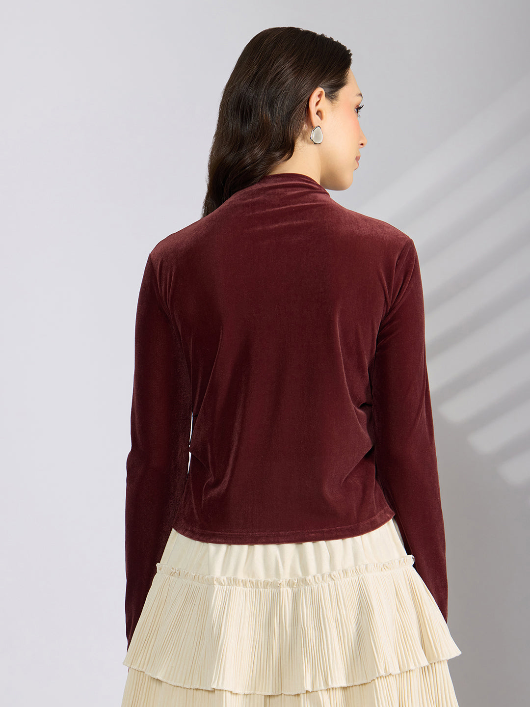 Women's Burgundy Velvet Fitted Ruched Top with Chain