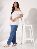 Women's White Embellished Off-Shoulder Puff Sleeve Net Top