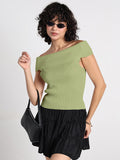 Women's Ribbed Green Off-Shoulder Top