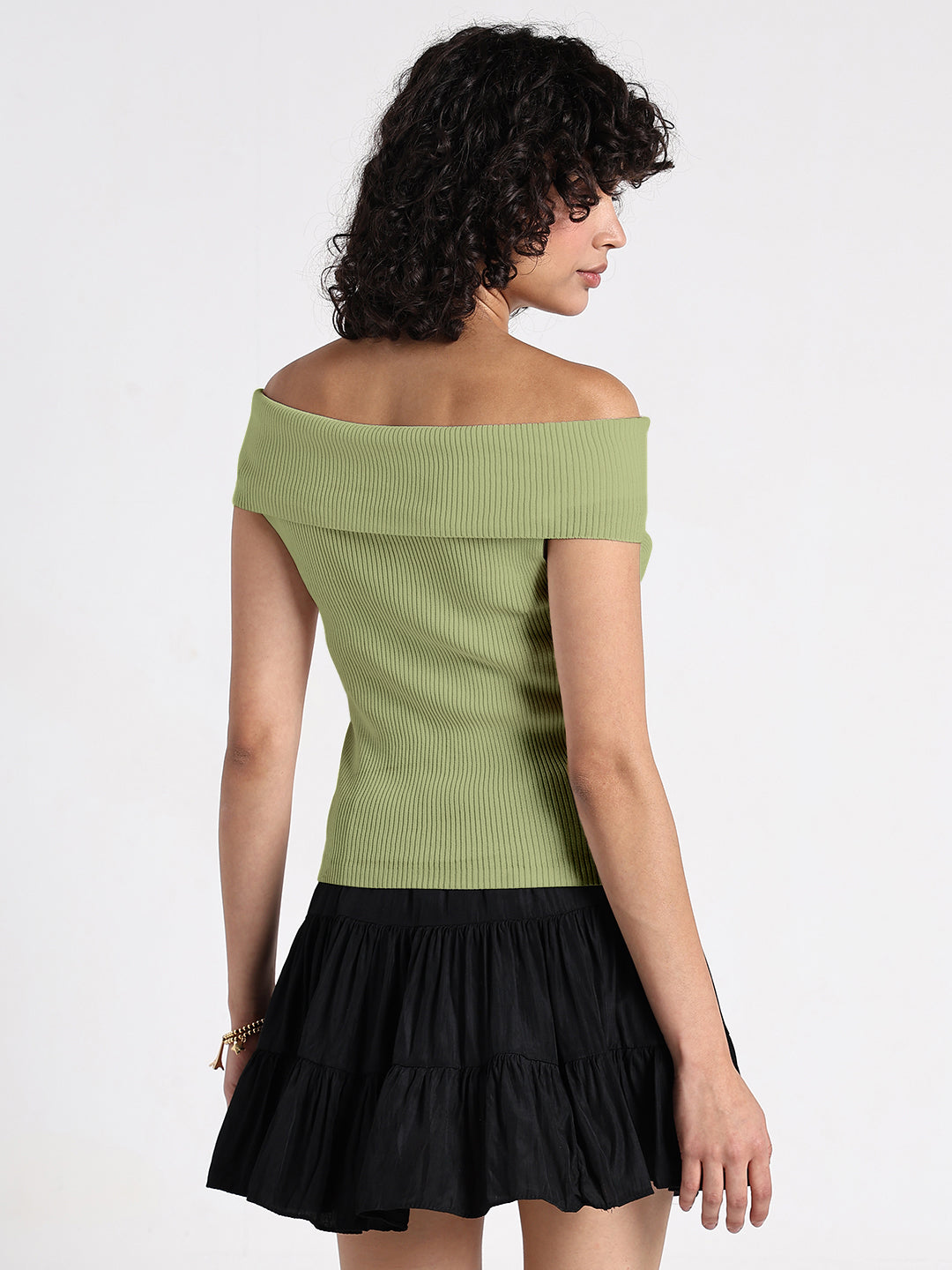 Women's Ribbed Green Off-Shoulder Top