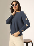 Women's Ribbed Blue Flower Applique Knit Batwing Top