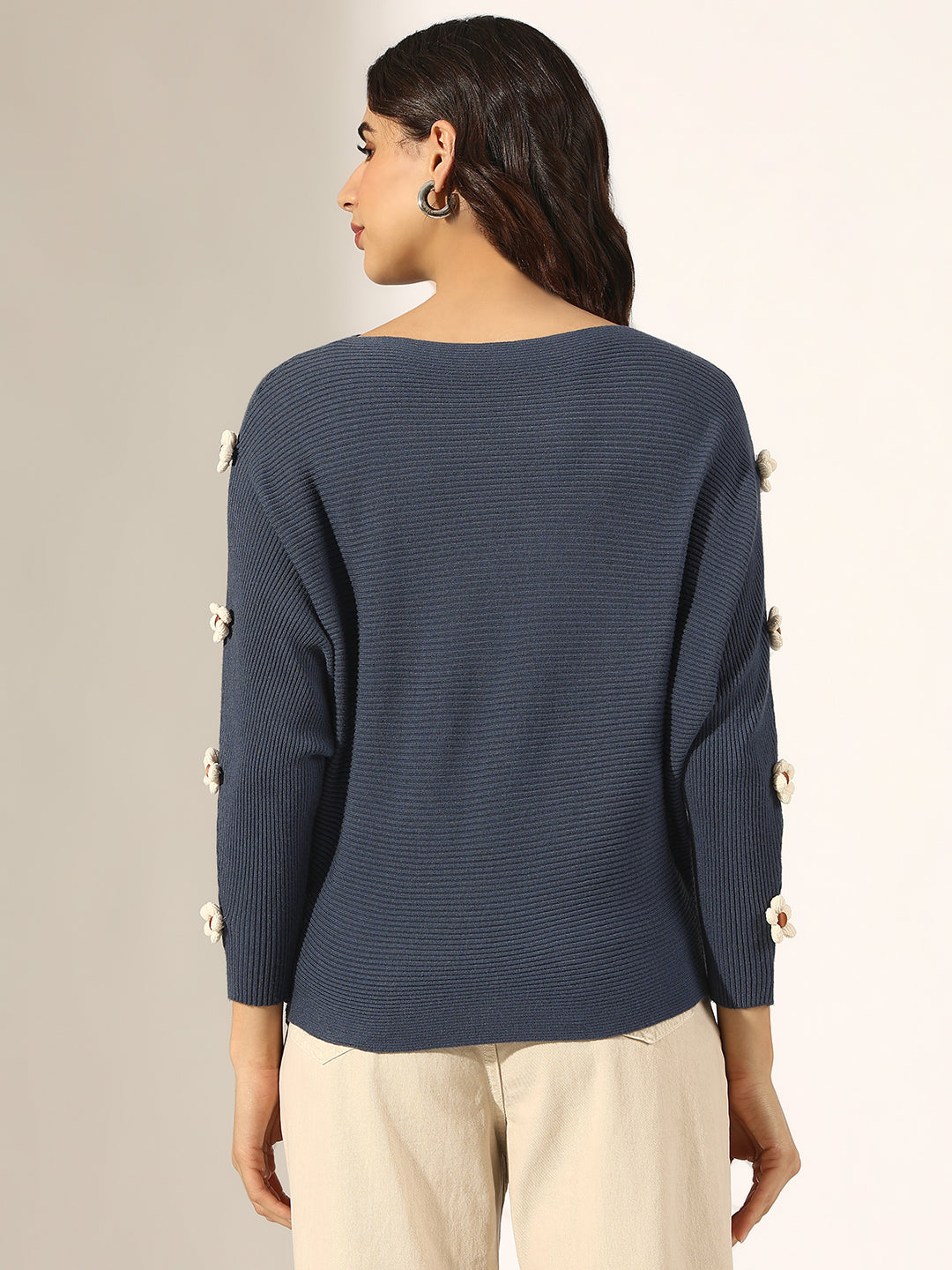 Women's Ribbed Blue Flower Applique Knit Batwing Top