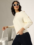 Women's Ribbed Cream Flower Applique Knit Batwing Top