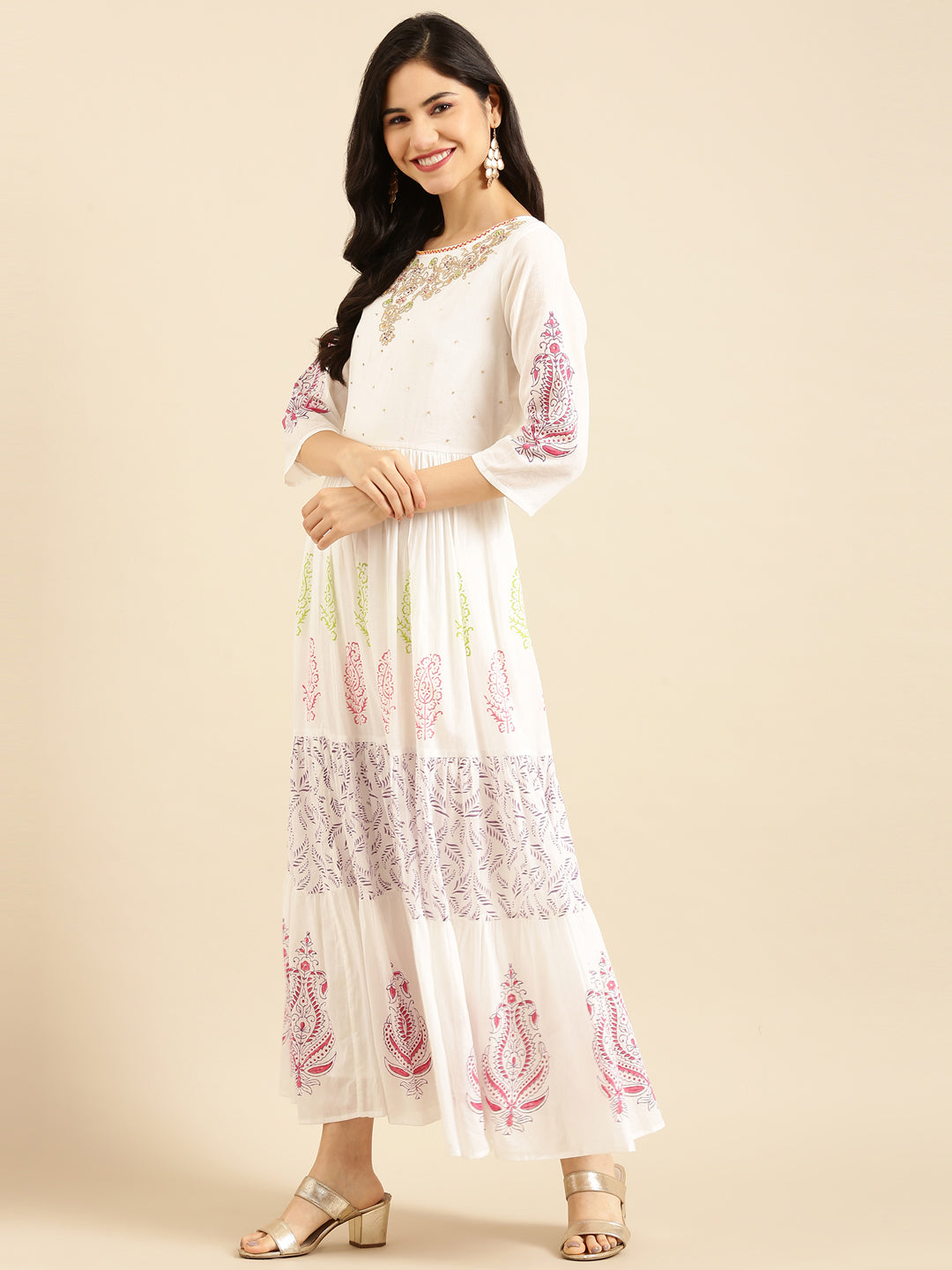 Women's White Ethnic Motifs Printed Anarkali Kurta