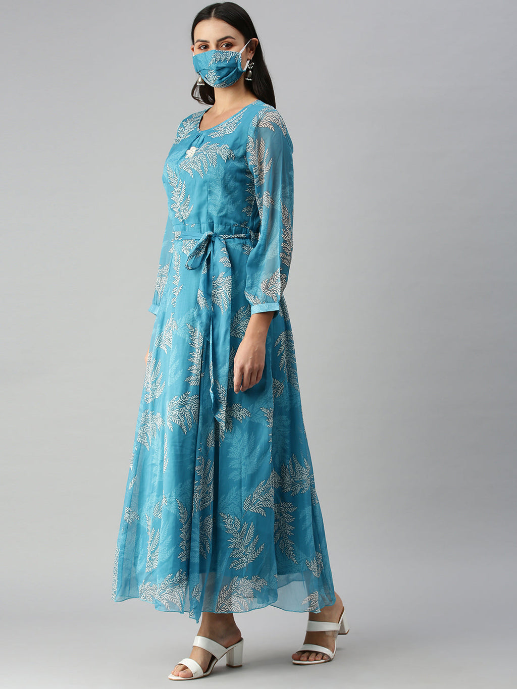 Women's Blue Off White Floral A-Line Kurta