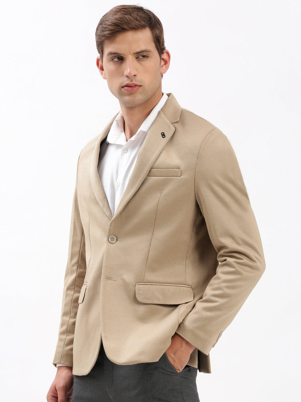 Men's Beige Notched Lapel Collar Slim-Fit Single Breasted Blazer