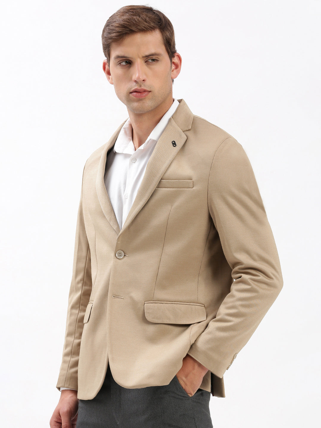 Men's Beige Notched Lapel Collar Slim-Fit Single Breasted Blazer