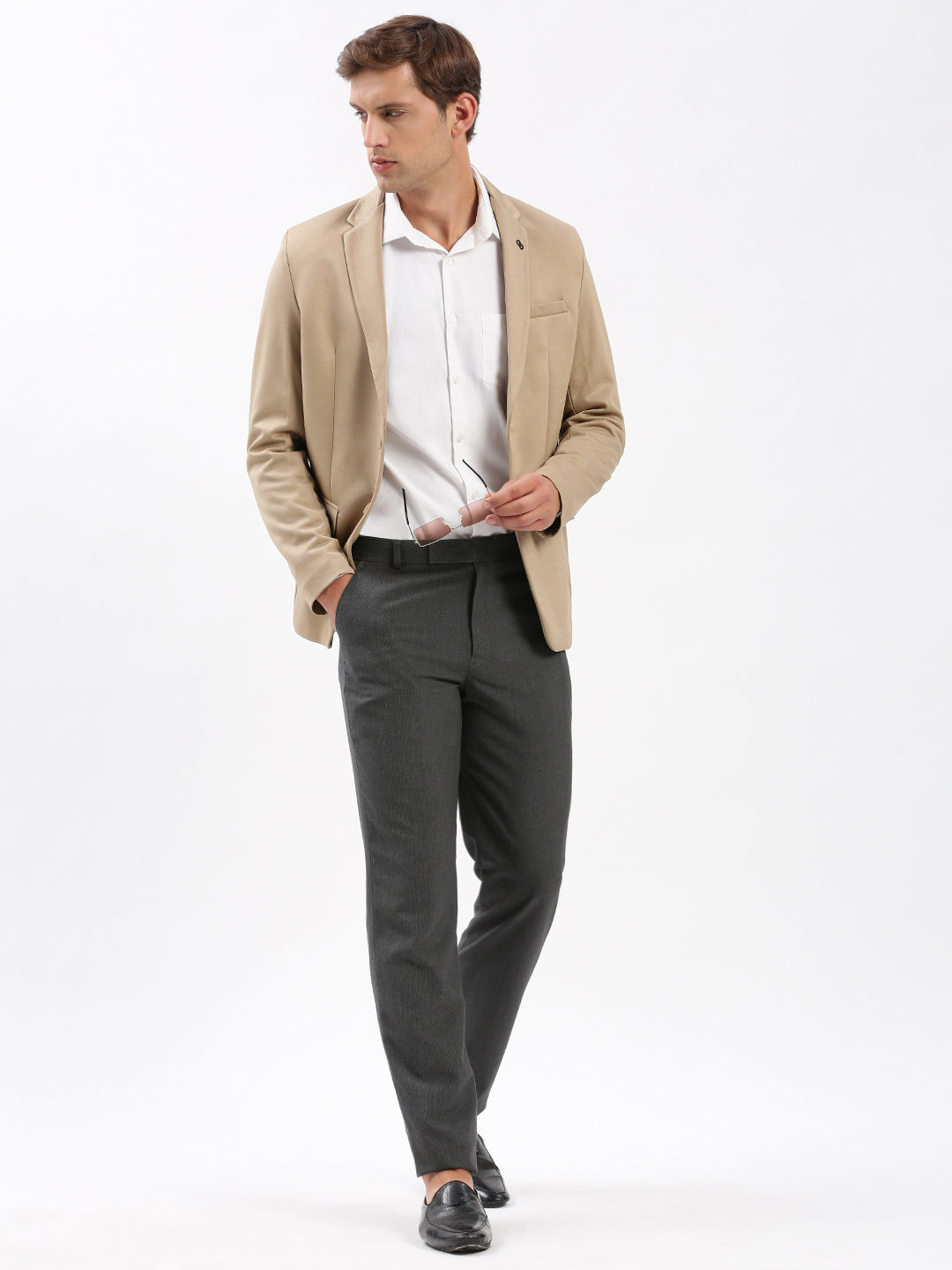 Men's Beige Notched Lapel Collar Slim-Fit Single Breasted Blazer