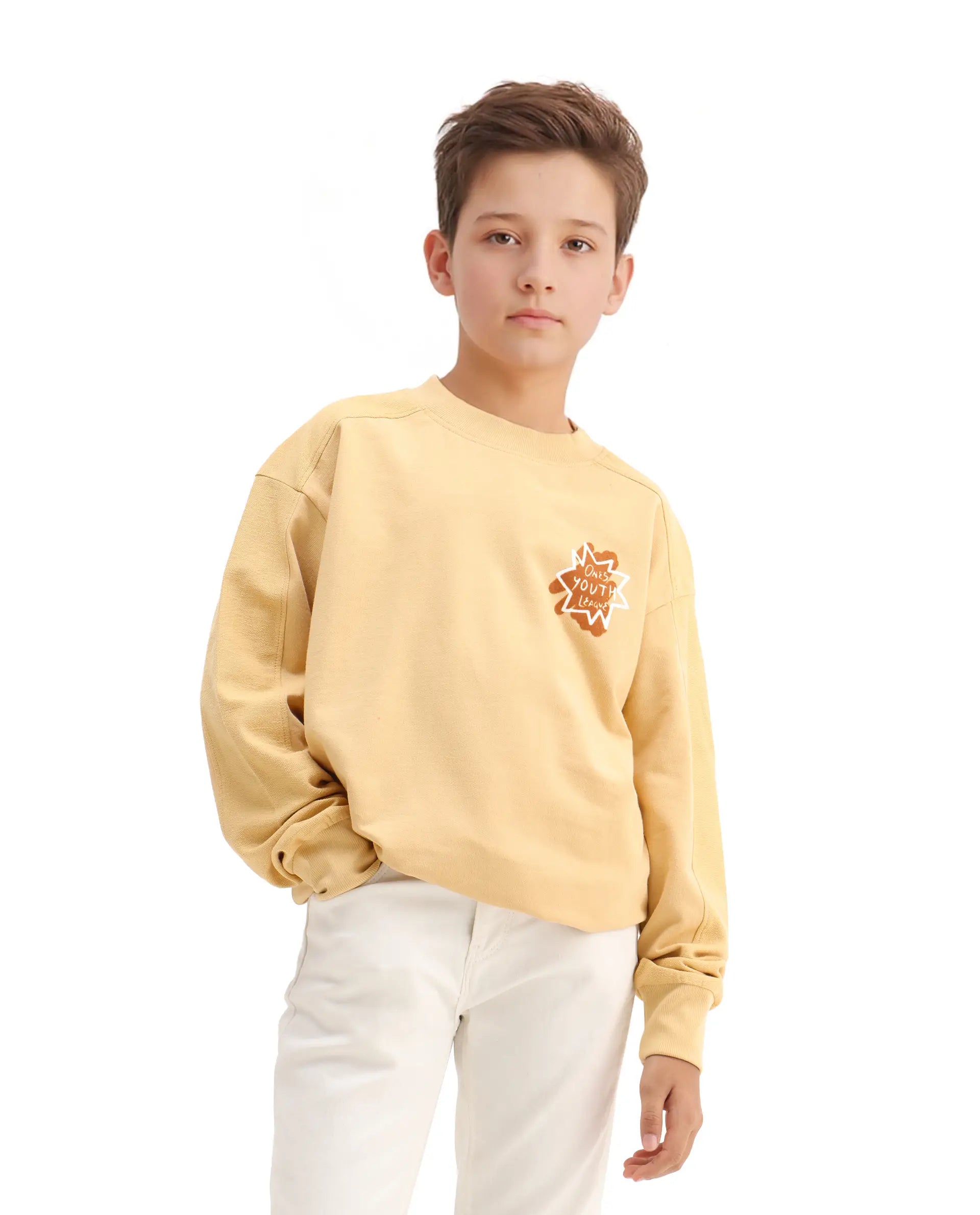 Rare Ones Kids Ezra Yellow Cotton Slip-On Full Sleeves Crew Neck Pigment Print Oversized Sweatshirt