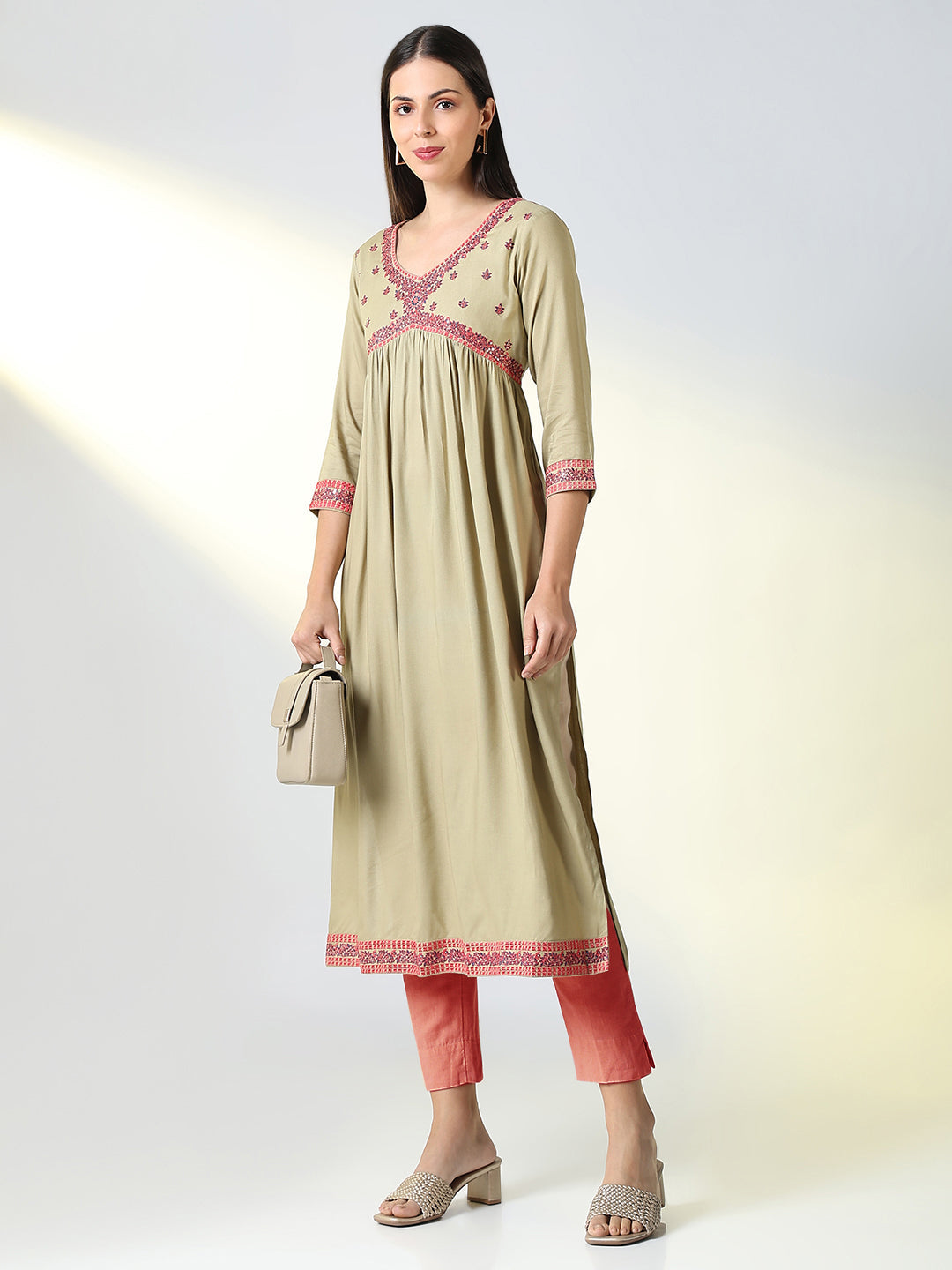 Women's Beige Solid A Line Kurta
