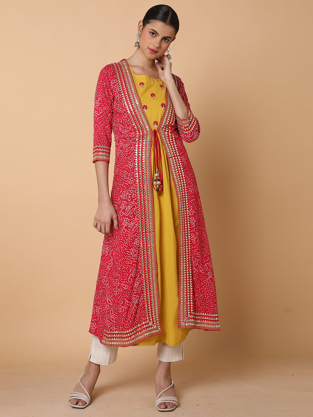 Women's Mustard Embroidered Beaded Anarkali Kurta With Longline Jacket