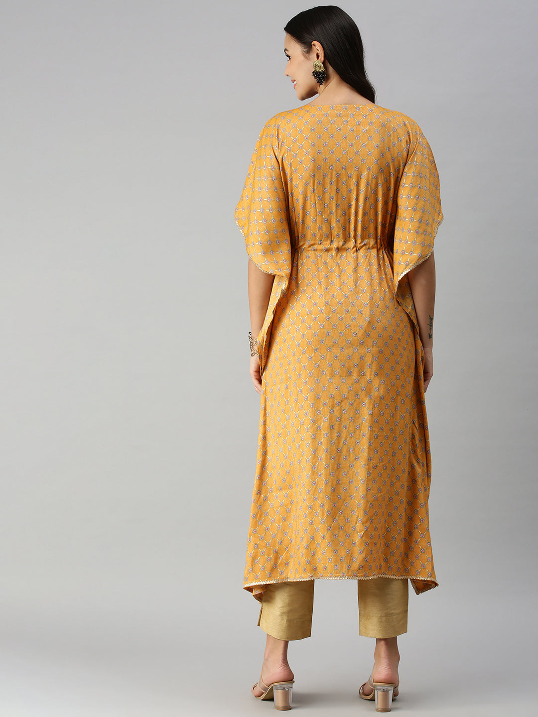 Women's Mustard Multi Floral Kaftan Kurta