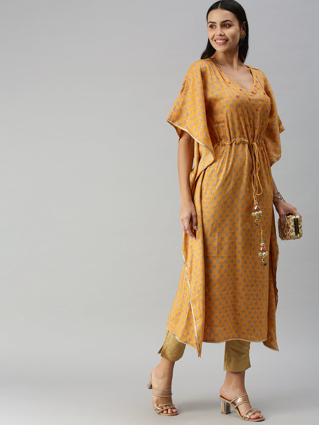 Women's Mustard Multi Floral Kaftan Kurta