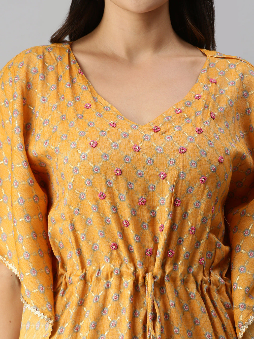 Women's Mustard Multi Floral Kaftan Kurta