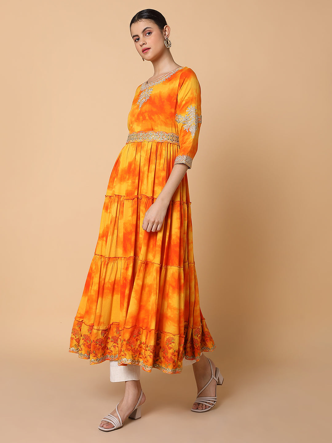 Women's Solid Orange Anarkali Kurta with Belt