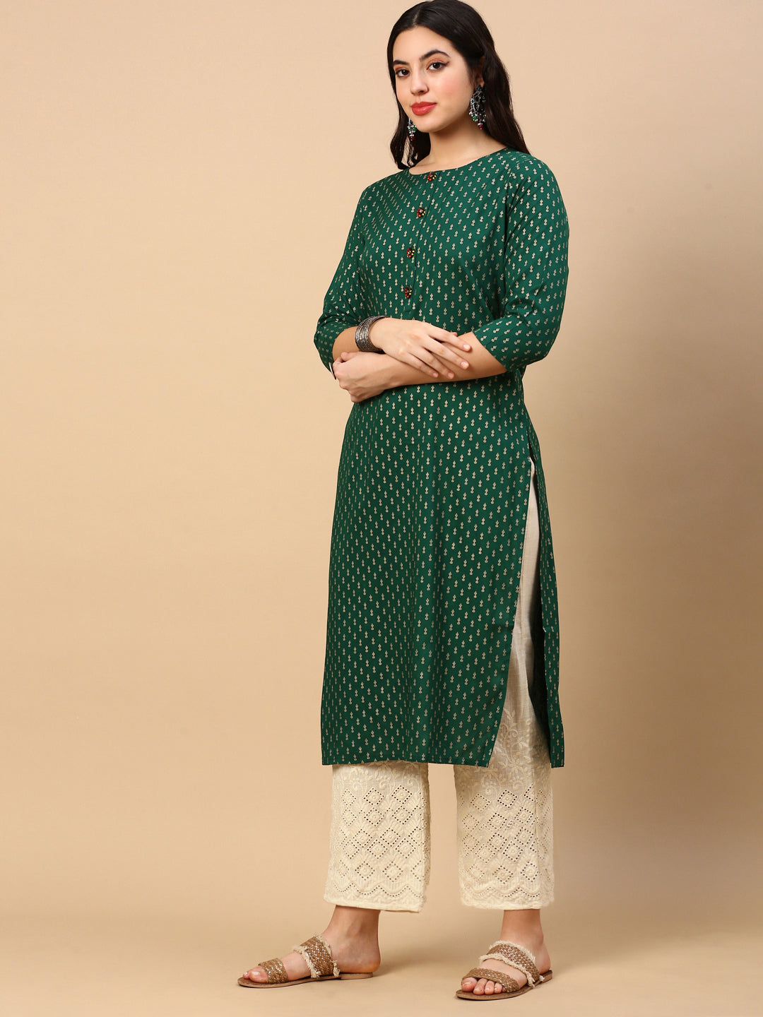 Women's Straight Green Ethnic Motifs Kurta