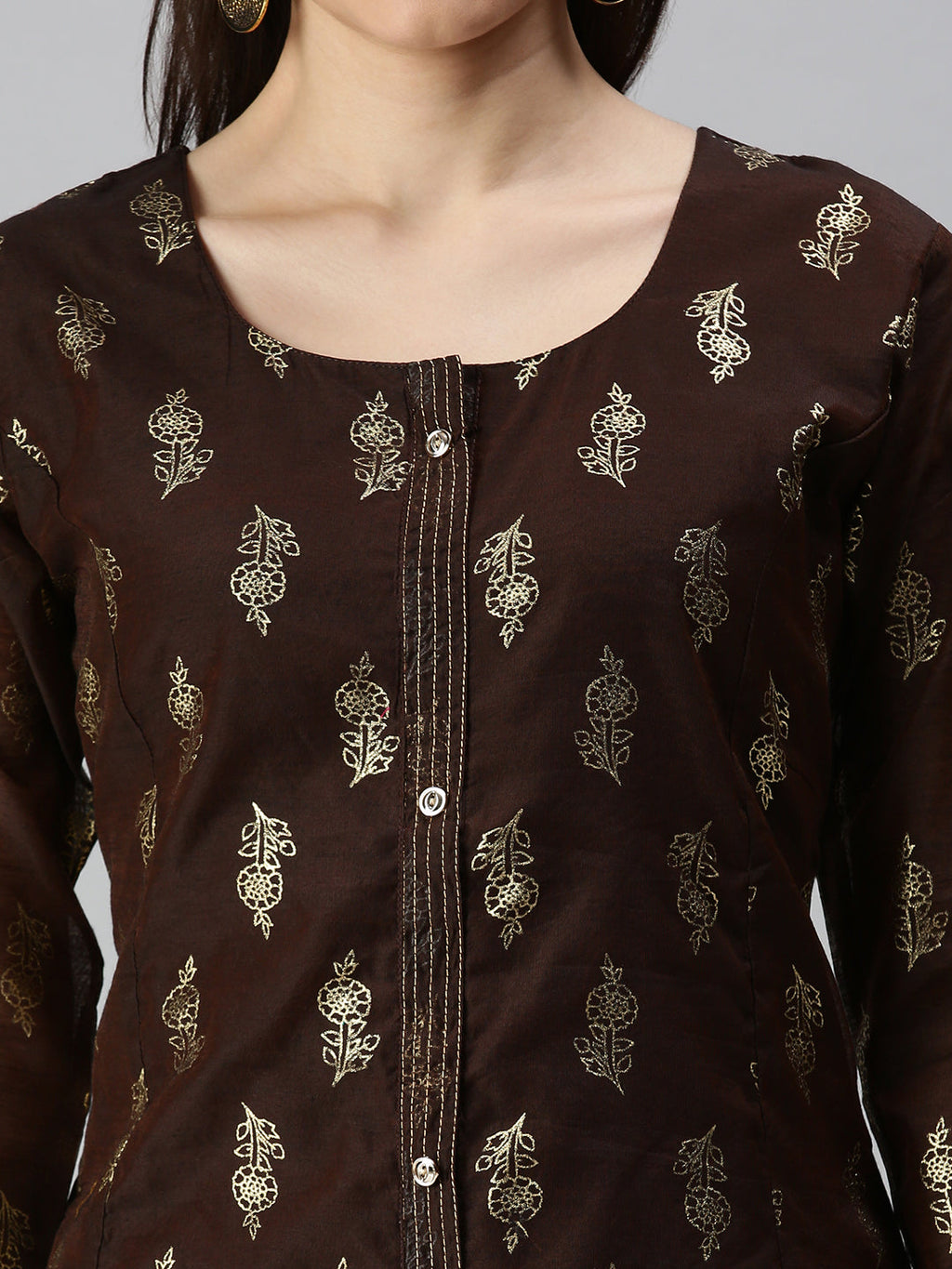 Women's Brown Golden Floral Printed Straight Kurta